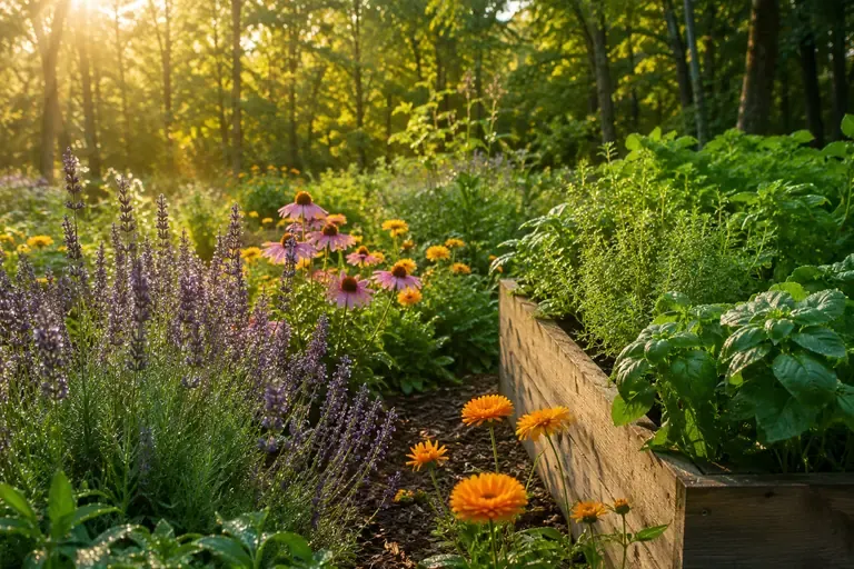 Buntes, schneckensicheres Blumenbeet neben einem Hochbeet, sonniges Licht
