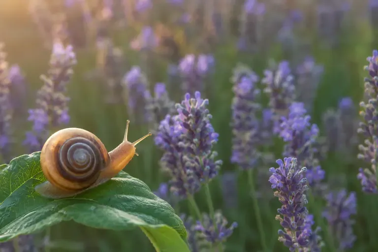 Schnecke auf einem Blatt, dahinter ein Lavendelbusch